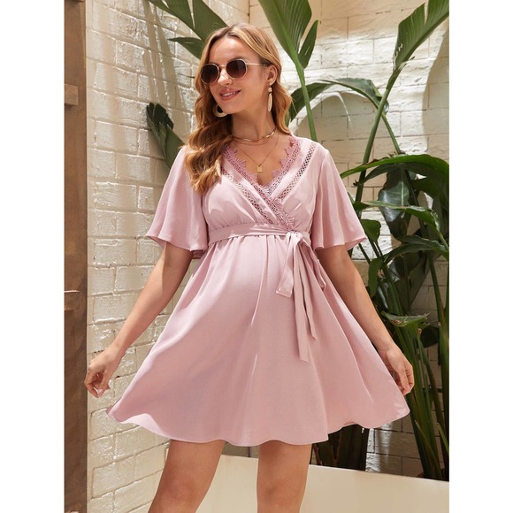 Maternity Contrast Lace v neck short sleeve Belted mini Dress red - Picture 8 of 8